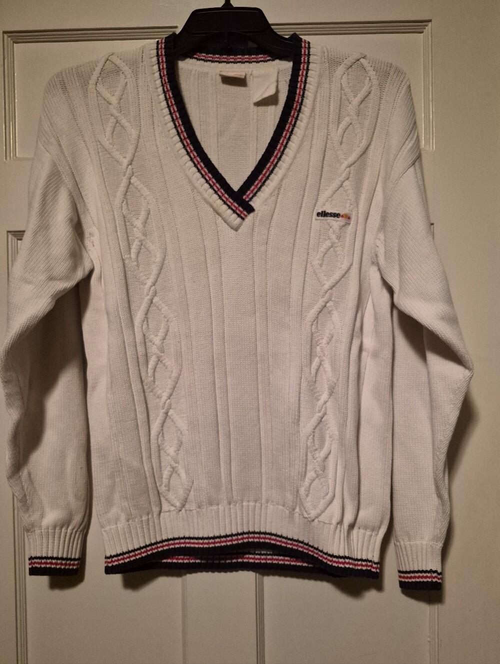 Vintage Ellesse Cable Knit Tennis Sweater White V-Neck Size Medium 80s 90s